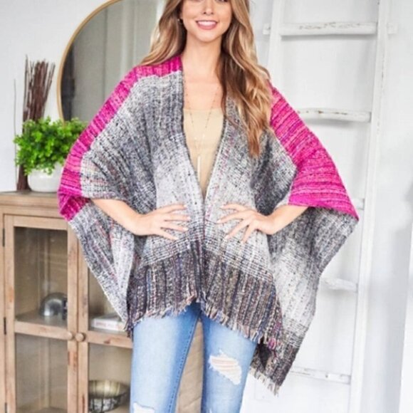 boho style FUCHSIA MULTI KNIT SWEATER PONCHO - Picture 4 of 4